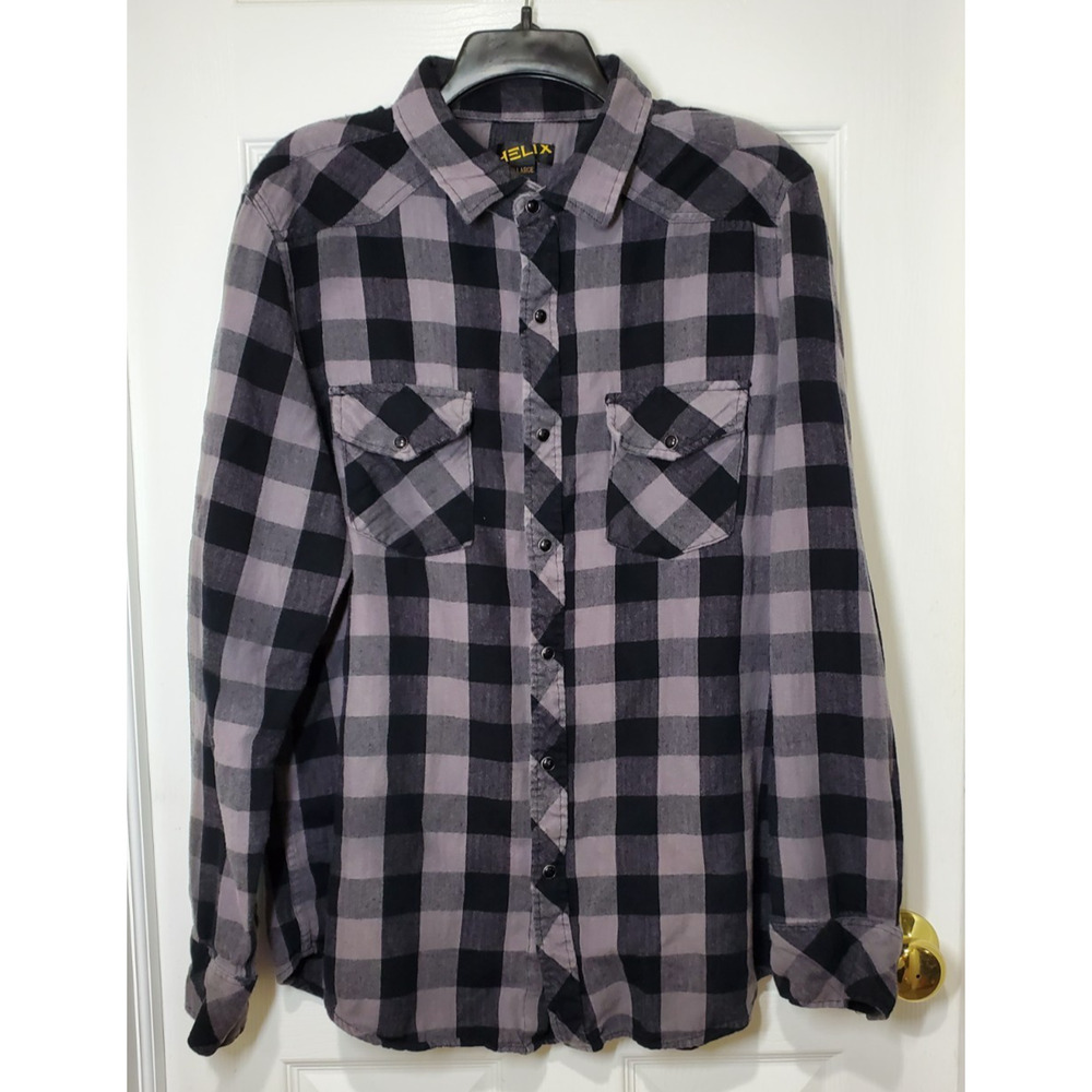Helix Shirt Mens XL Gray Black Long Sleeve Button Up Plaid Cotton